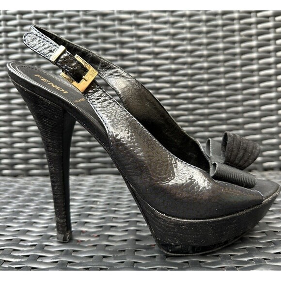 Fendi Black Leather Slingback Peep-toe Toe Bow High Heel Heels Shoes Sz 40, 9.5 - Picture 1 of 10